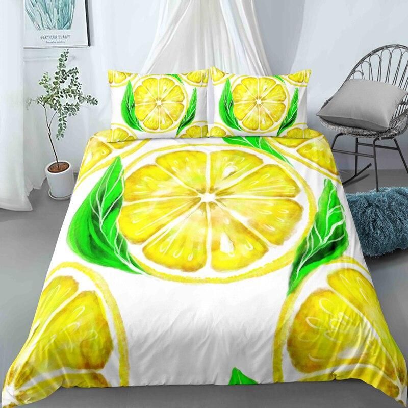 Lemon Slices Pattern Yellow And White Bedding Set