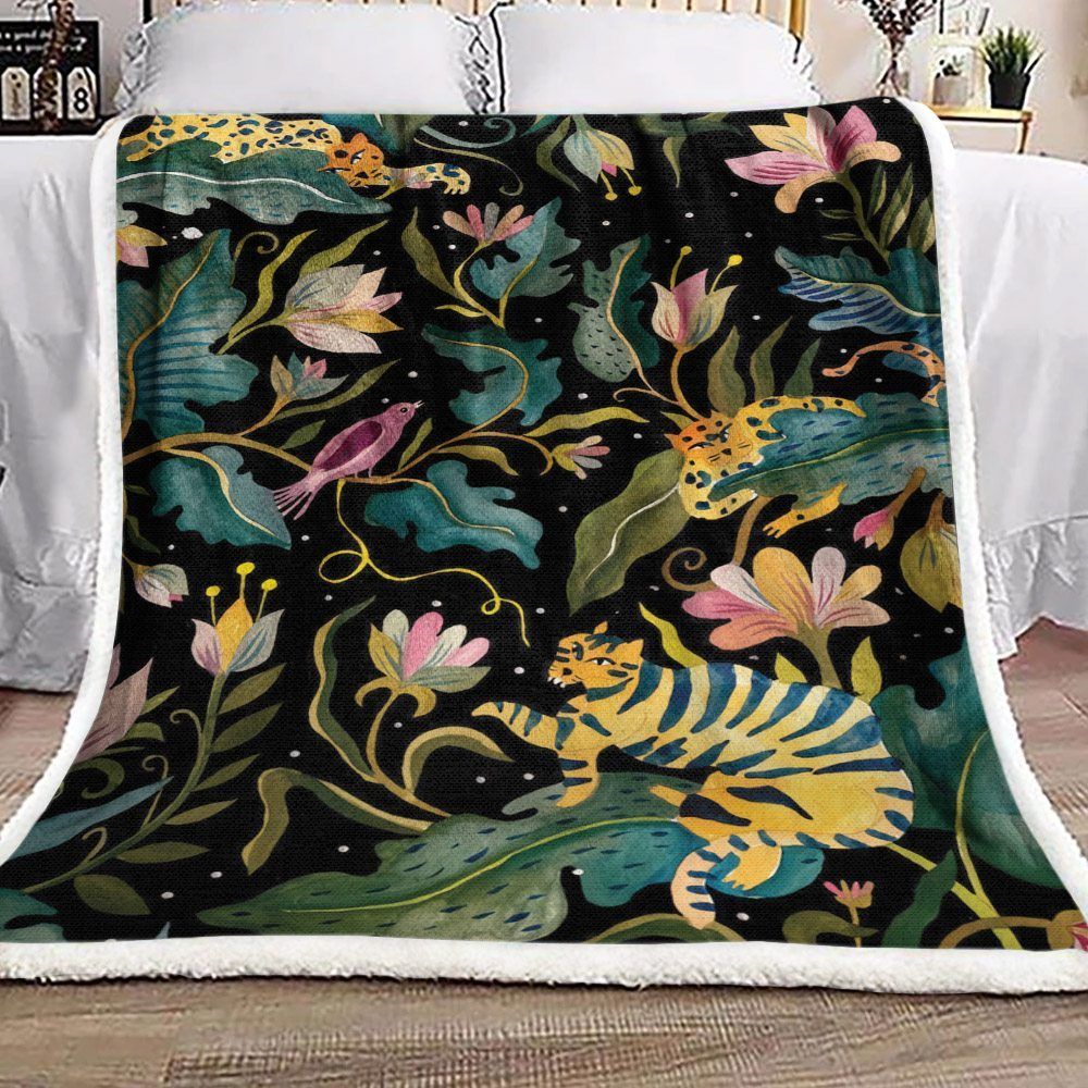 Leopard Bird Flower Sherpa Fleece Blanket