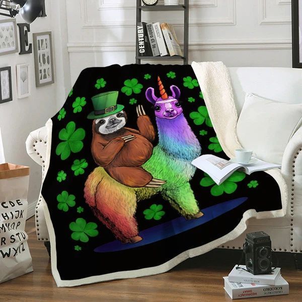 Leprechaun Sloth Riding Llama Unicorn Sherpa Fleece Blanket