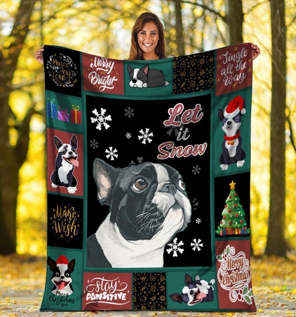 Let It Snow Boston Terrier Dog Snowflake Christmas Fleece Blanket