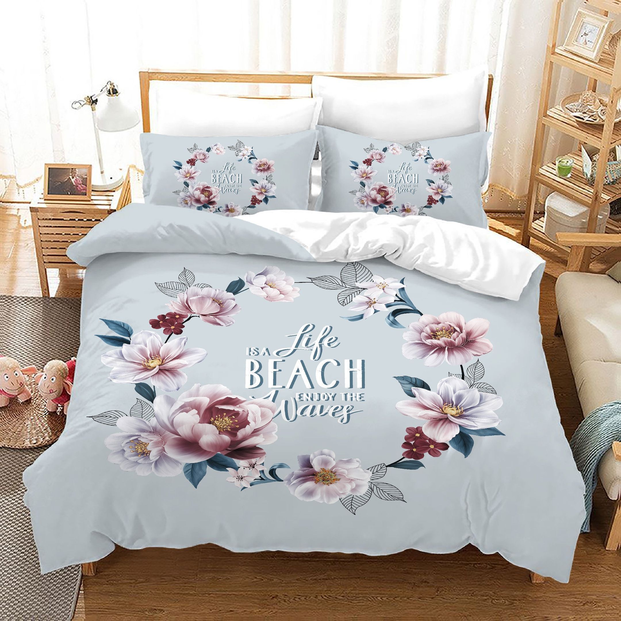 Life Is A Beach Enjoy The Waves Flowers Circle Bedding Set
