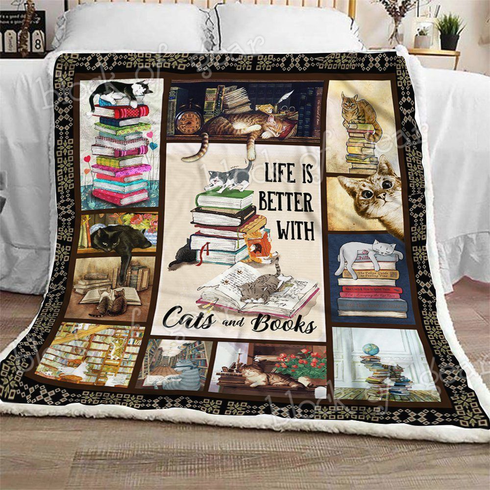 Life Is Better With Cats And Books Sherpa Fleece Blanket
