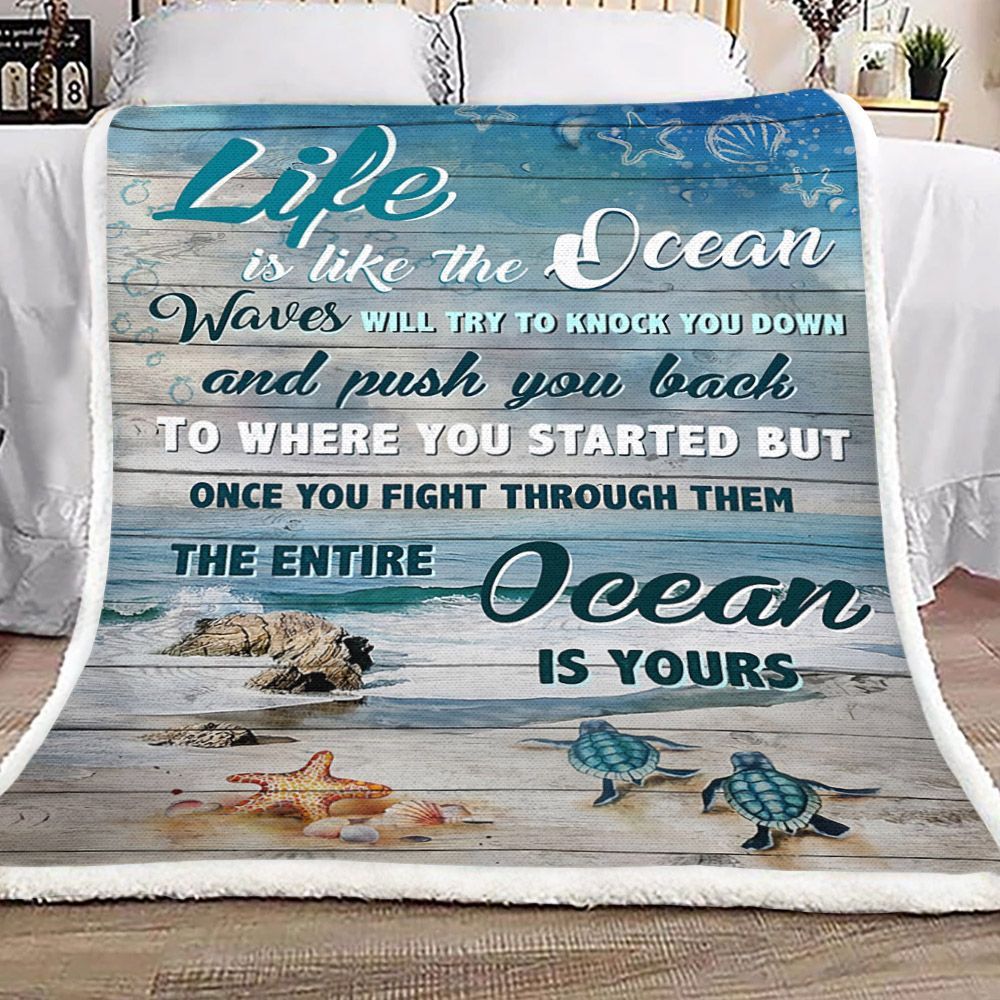 Life Is Like The Ocean Turtle Sherpa Fleece Blanket