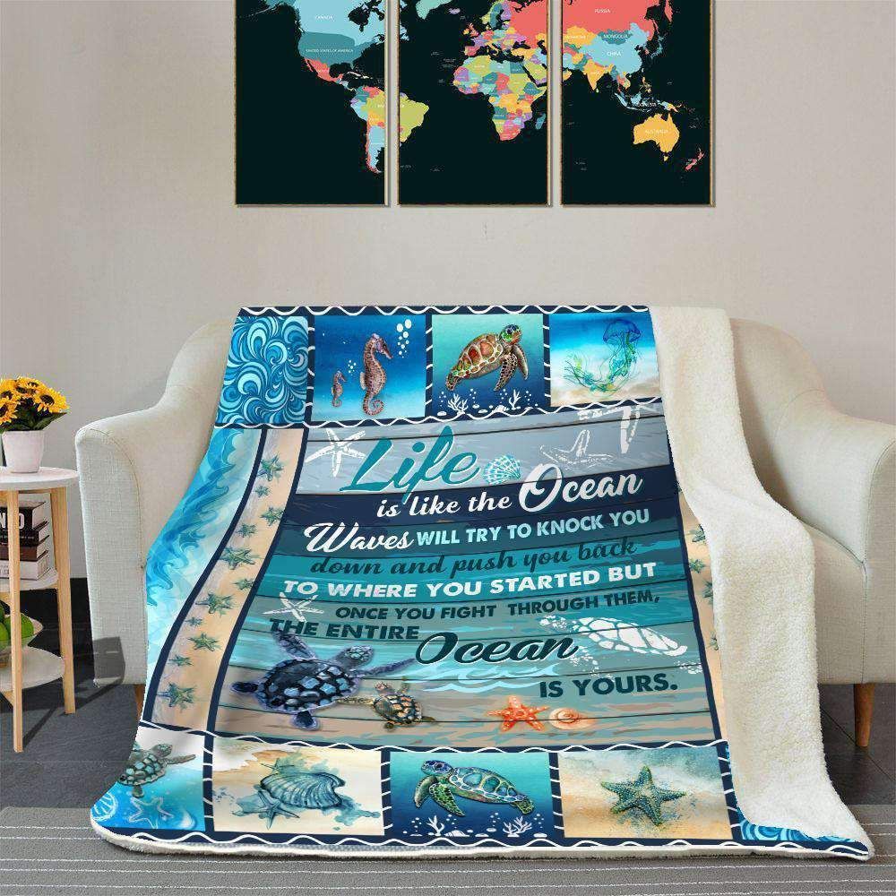 Life Is Like The Ocean Waves Turtle Sherpa Fleece Blanket