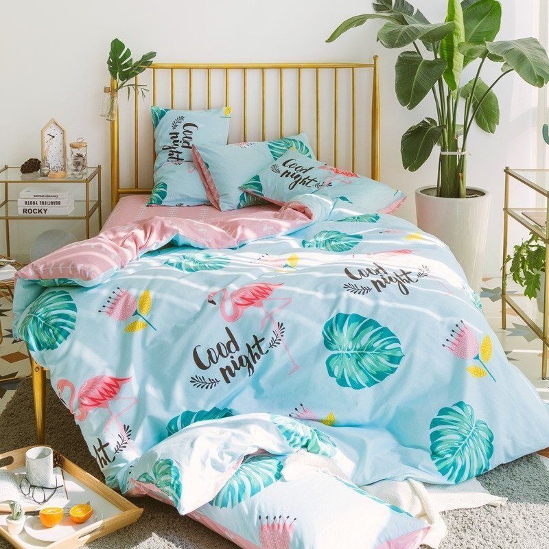 Light Blue Turquoise And Pink Tropical Flamingo And Leaf Bedding Set