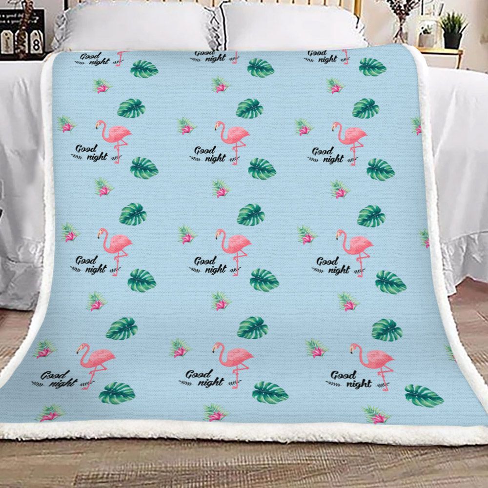 Light Blue Turquoise And Pink Tropical Flamingo And Leaf Sherpa Fleece Blanket