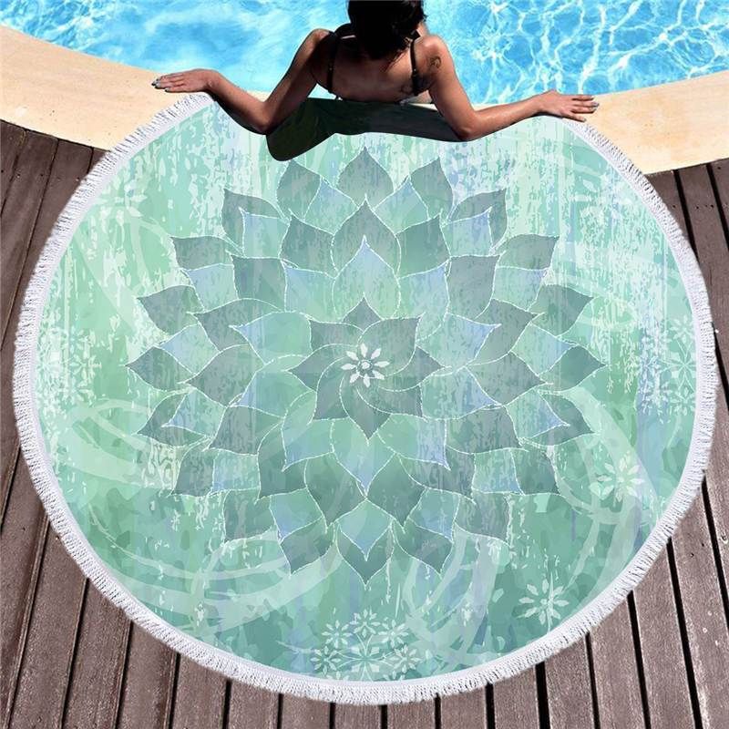 Light Green Lotus Printed Round Beach Towel