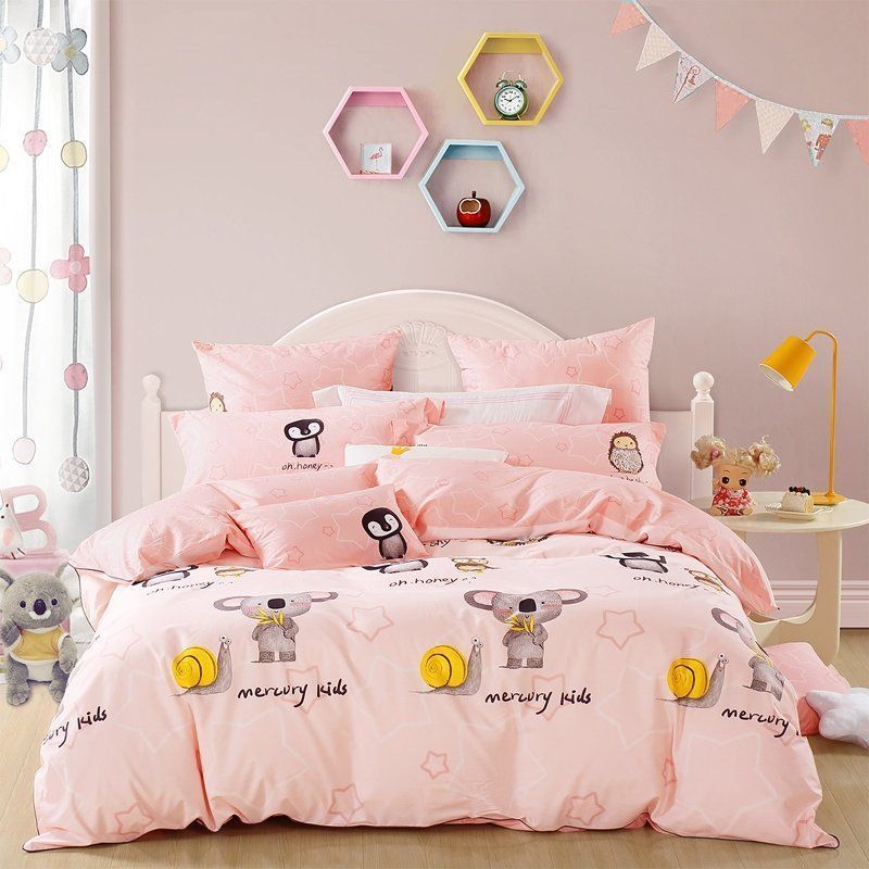 Light Pink Gold Black And Brown Snail Mouse Star Owl Penguin Print Abstract Animal Bedding Set