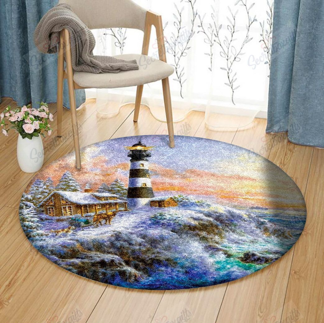 Lighthouse And The Sea Round Carpet