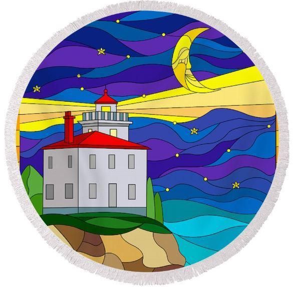 Lighthouse In The Night Cartoon Art Printed Round Beach Towel