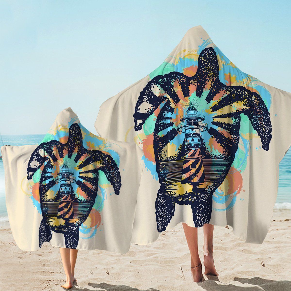 Lighthouse Turtle Shape Tan Printed Hooded Towel