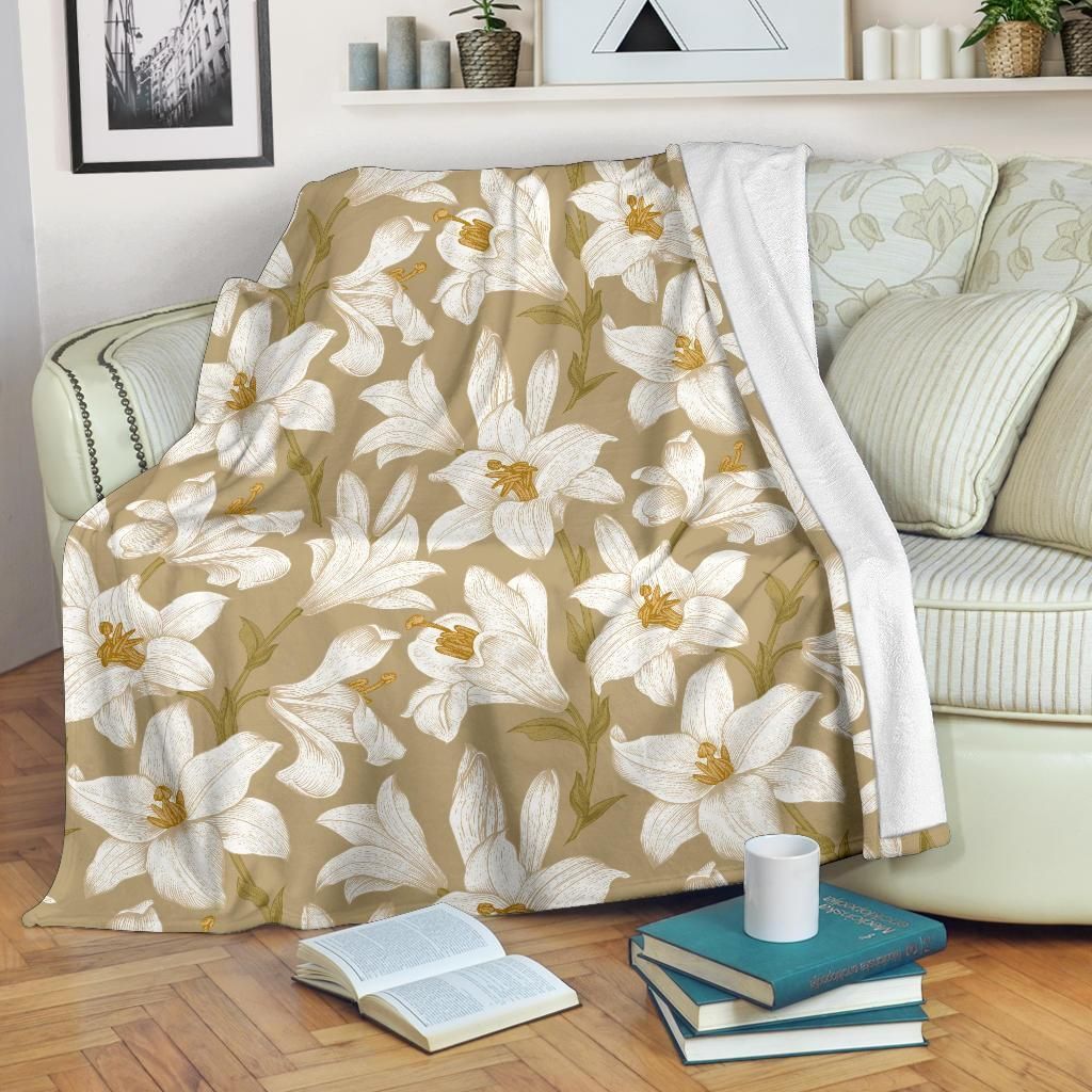 Lily Pattern Print Design White And Taupe Fleece Blanket