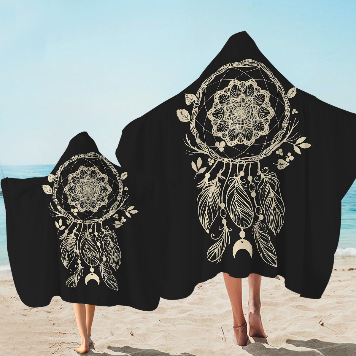 Lined Dreamcatcher Black Printed Hooded Towel