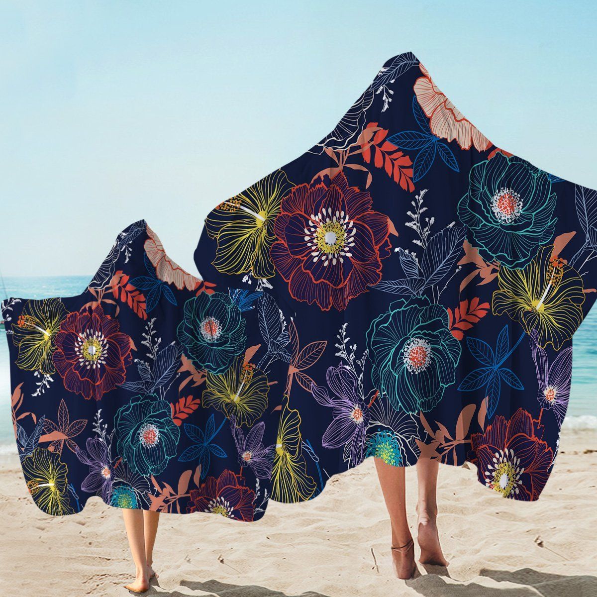 Lined Flowers Dark Blue Printed Hooded Towel