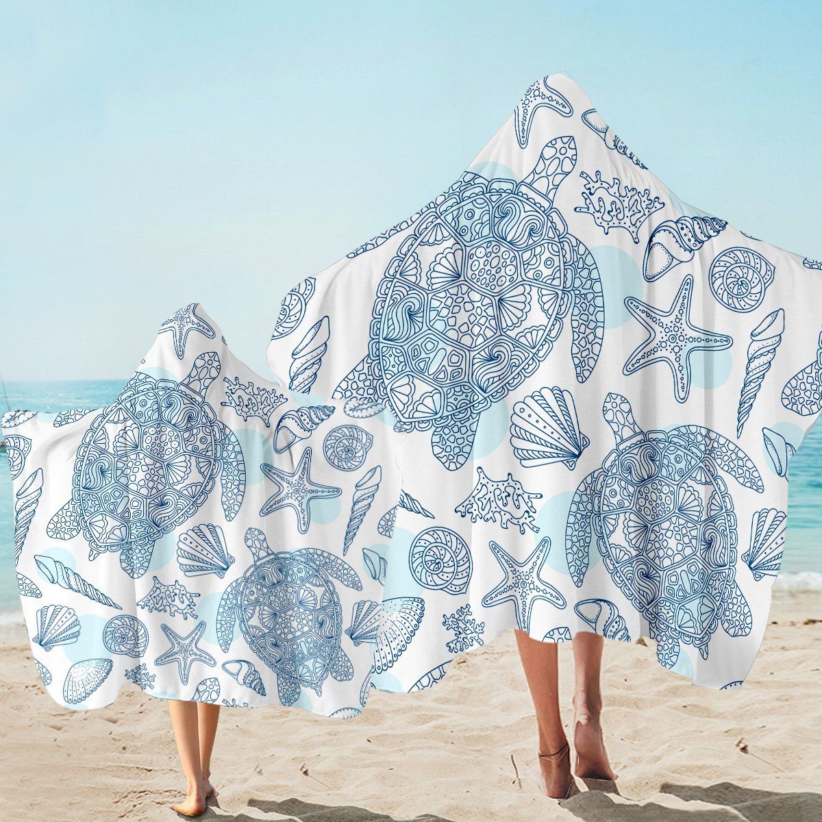 Lined Marine Life On White Printed Hooded Towel