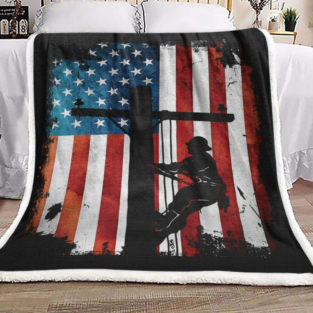 Lineman American Flag Sherpa Fleece Blanket