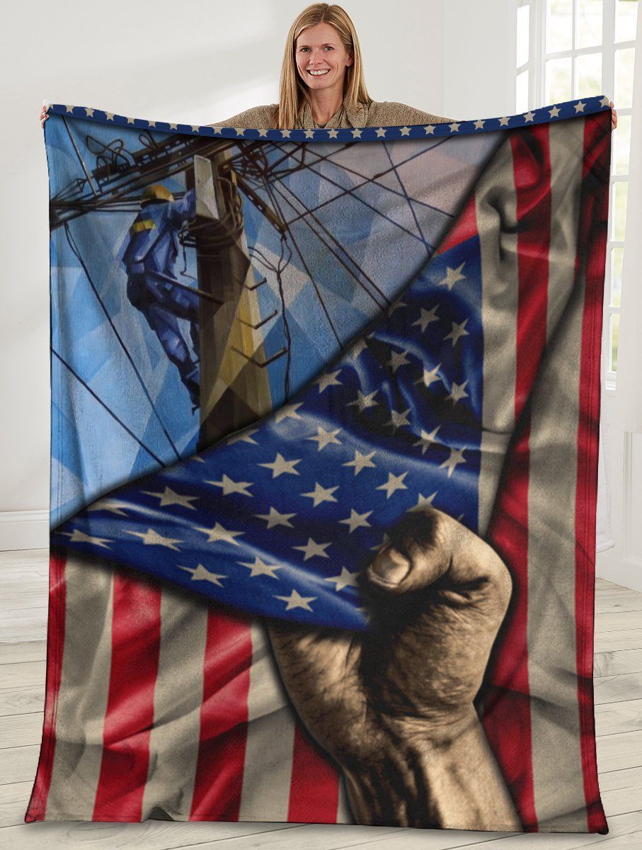Lineman American Usa Flag Fleece Blanket