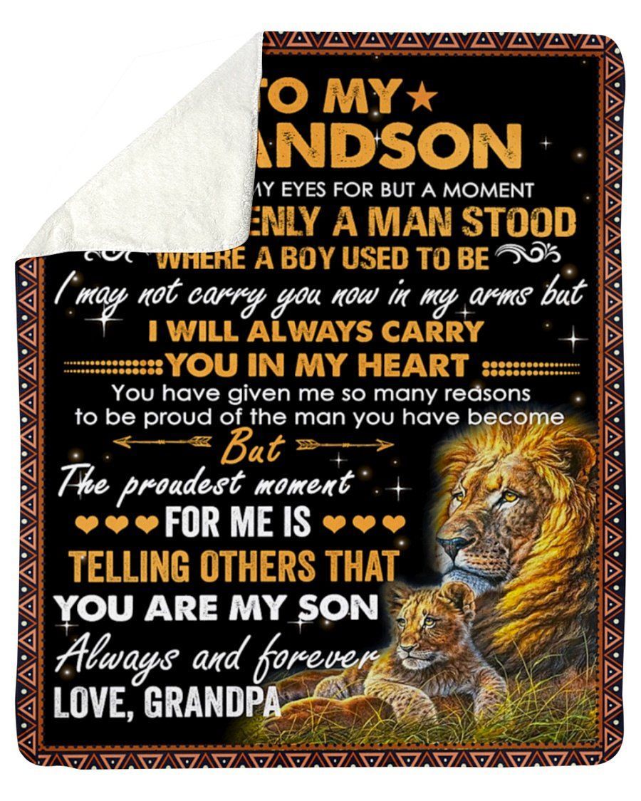 Lion Grandpa To My Grandson Fleece Blanket Carry You In My Heart Sherpa Blanket