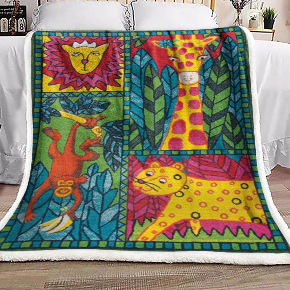 Lion Monkey Leopard Giraffe Sherpa Fleece Blanket