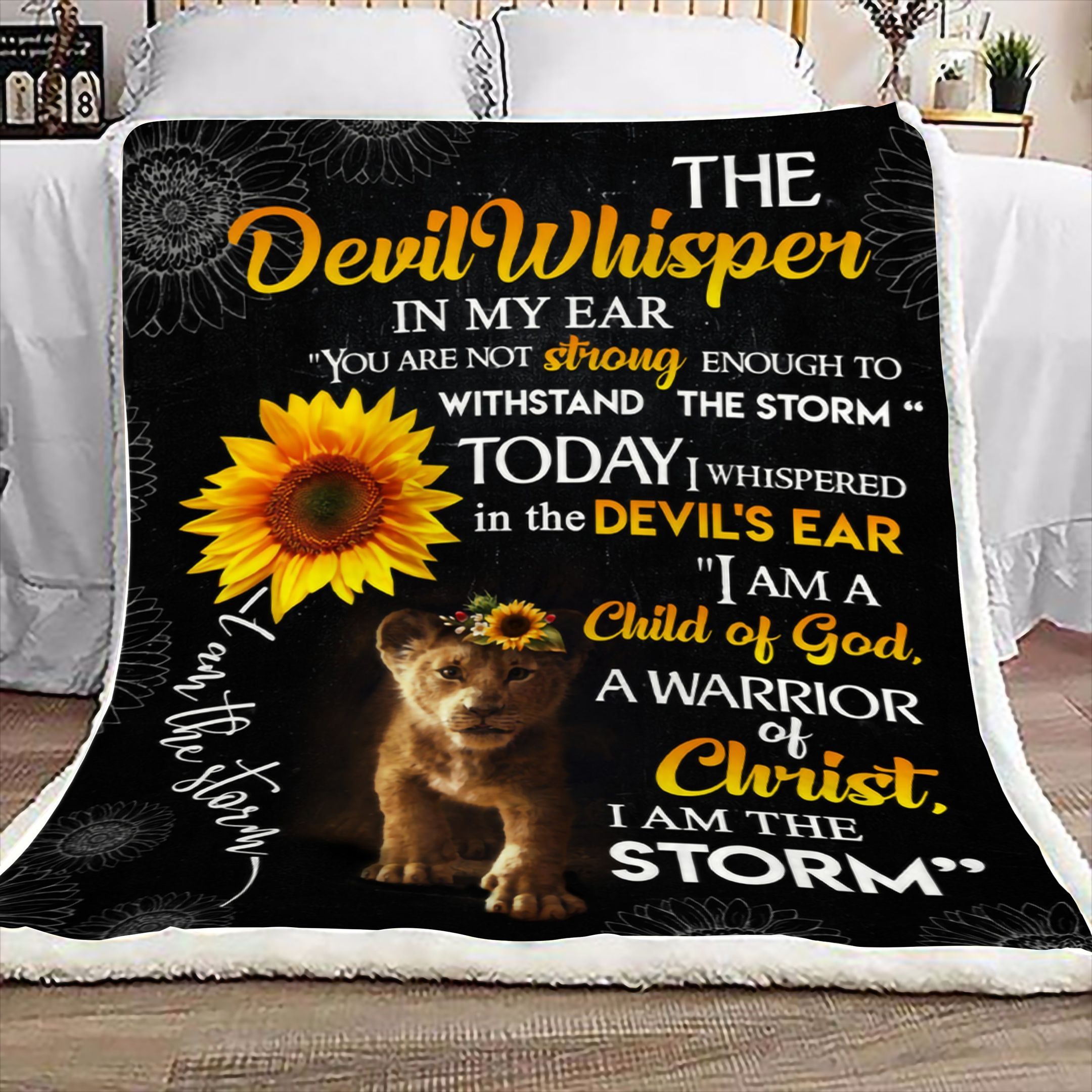 Lion Sunflower The Devil Whisper In My Ear Warrior Of Christ Sherpa Fleece Blanket