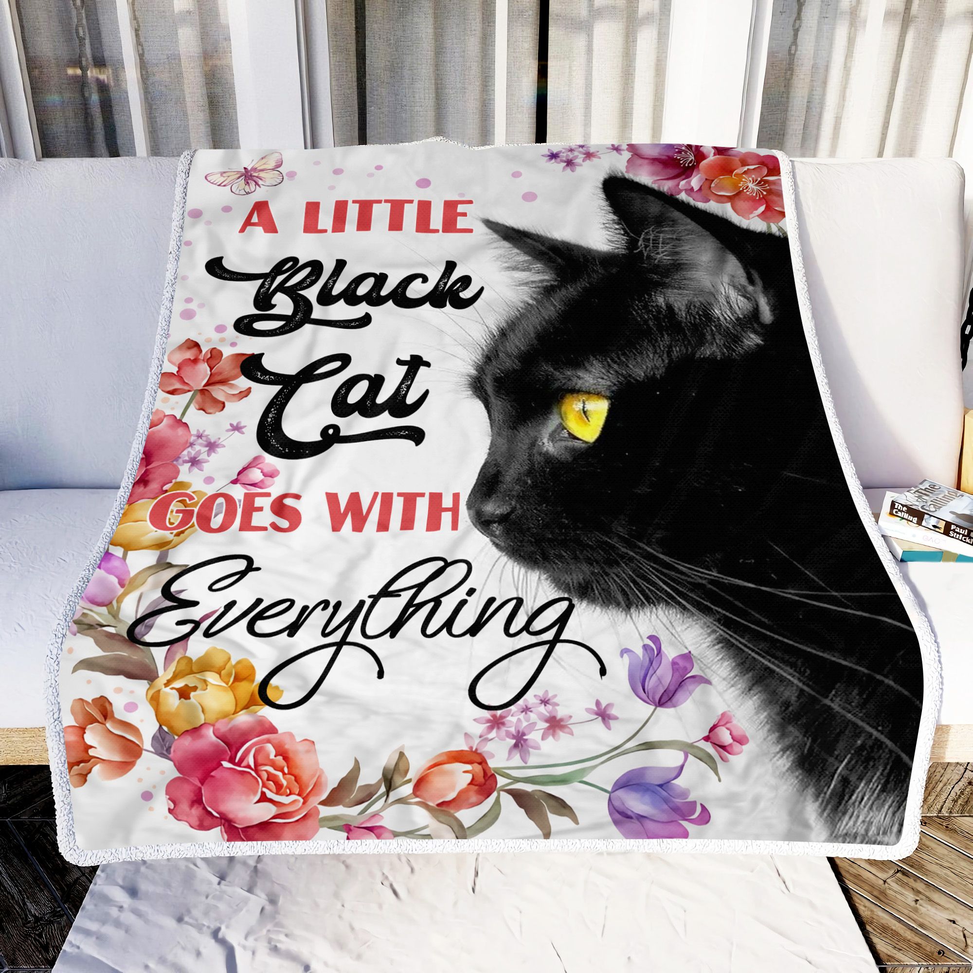 Little Black Cat And Flower Fleece Blanket