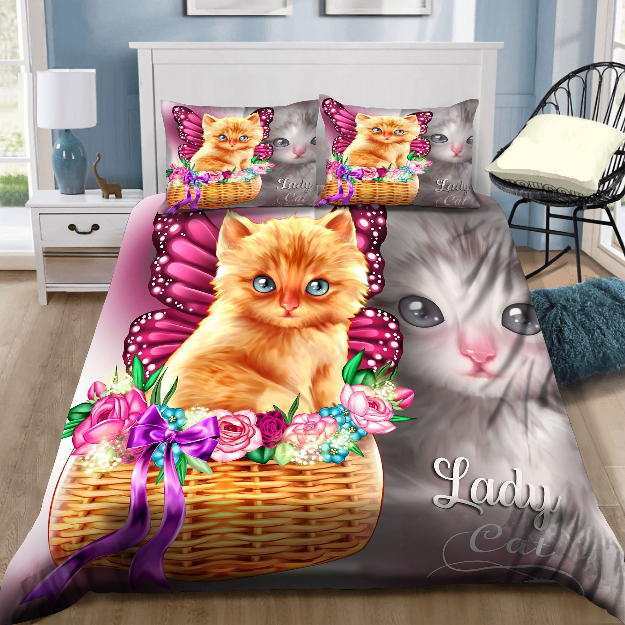 Little Cat In Basket With Flowers And Butterflies Bedding Set