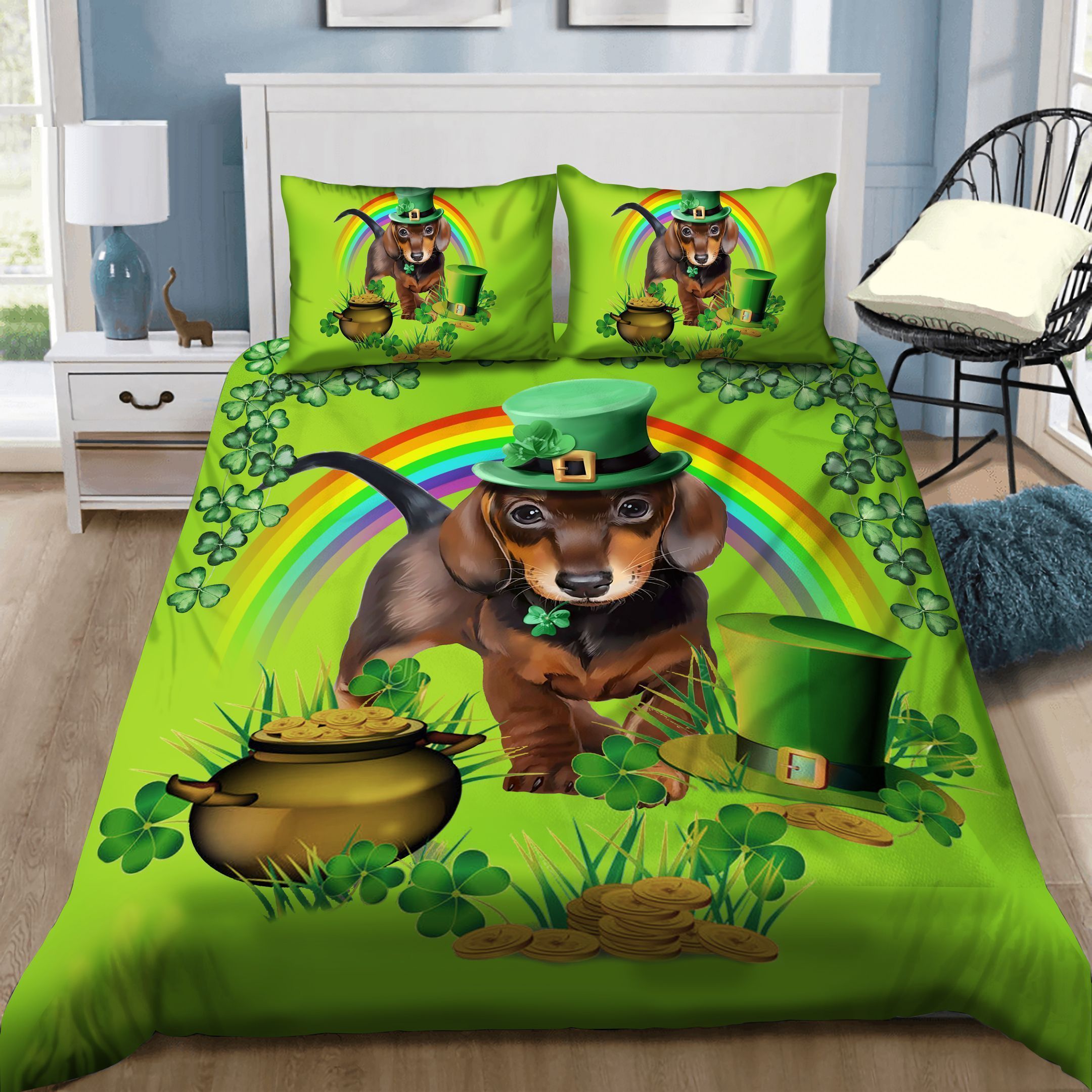 Little Dachshund Leprechaun With Rainbow St Patrick’s Day Bedding Set