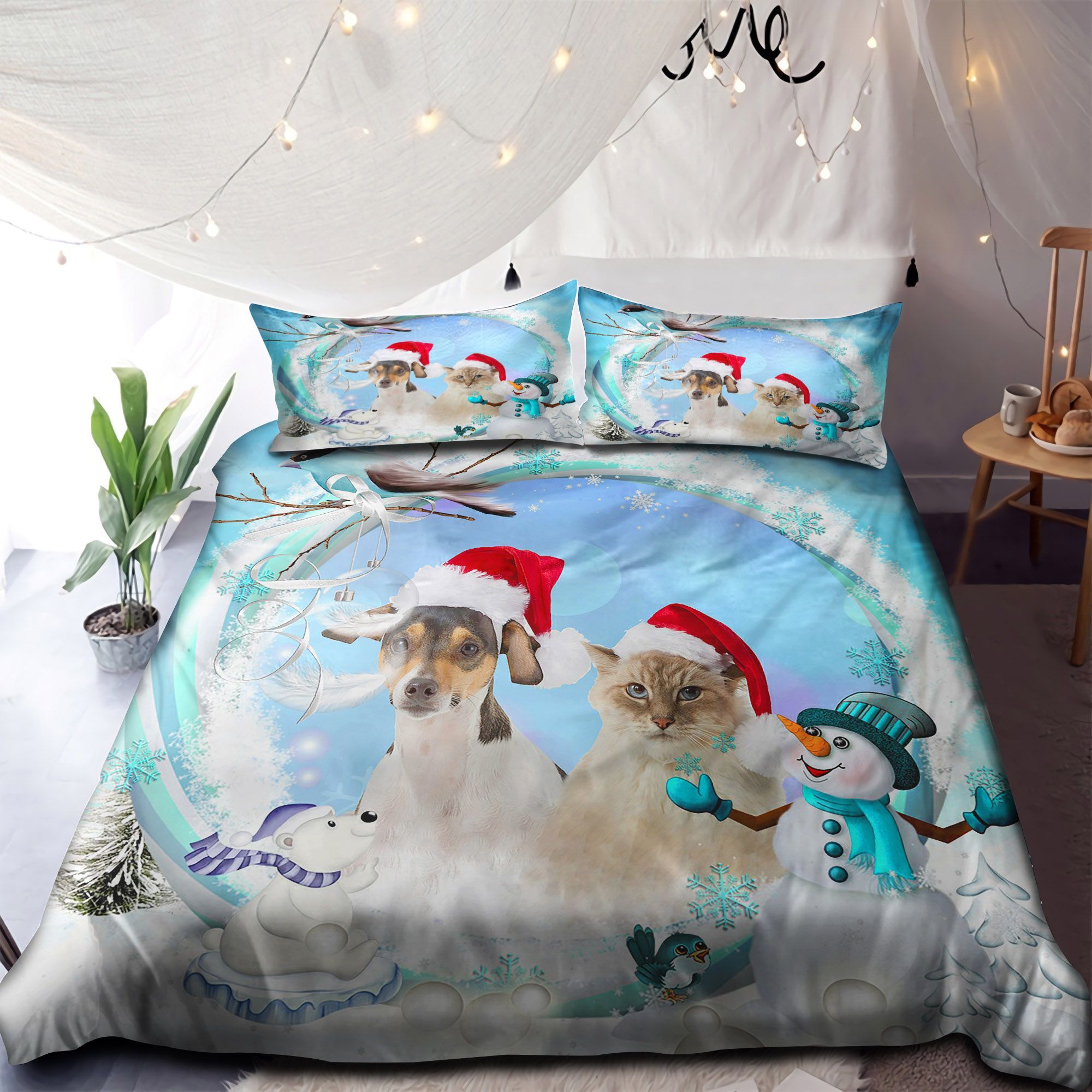 Little Dog And Cat Merry Christmas Bedding Set
