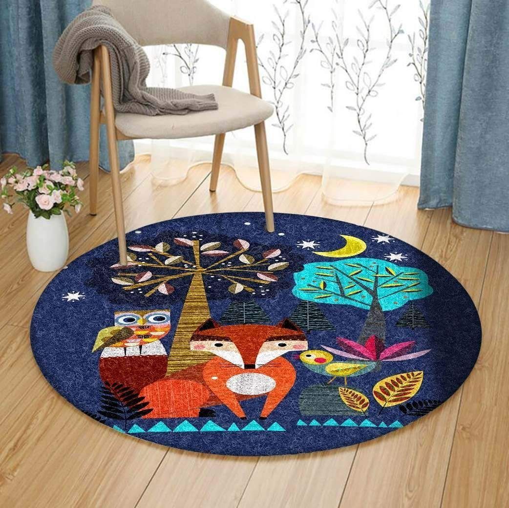 Little Fox Owl And Bird Round Carpet