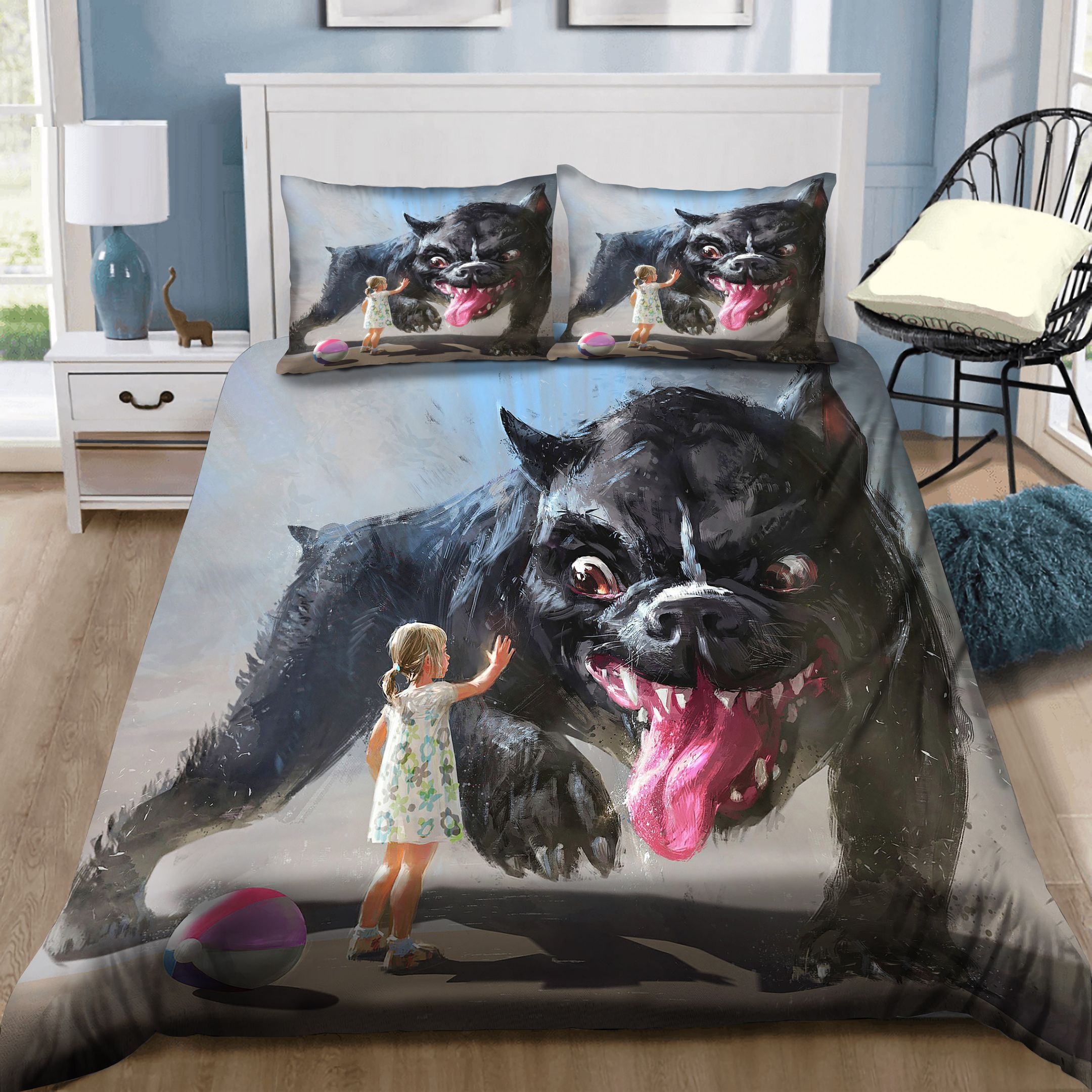 Little Girl Playing With A Big Pug Bedding Set