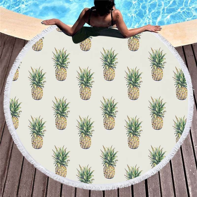 Little Pineapples White Backdrop Printed Round Beach Towel