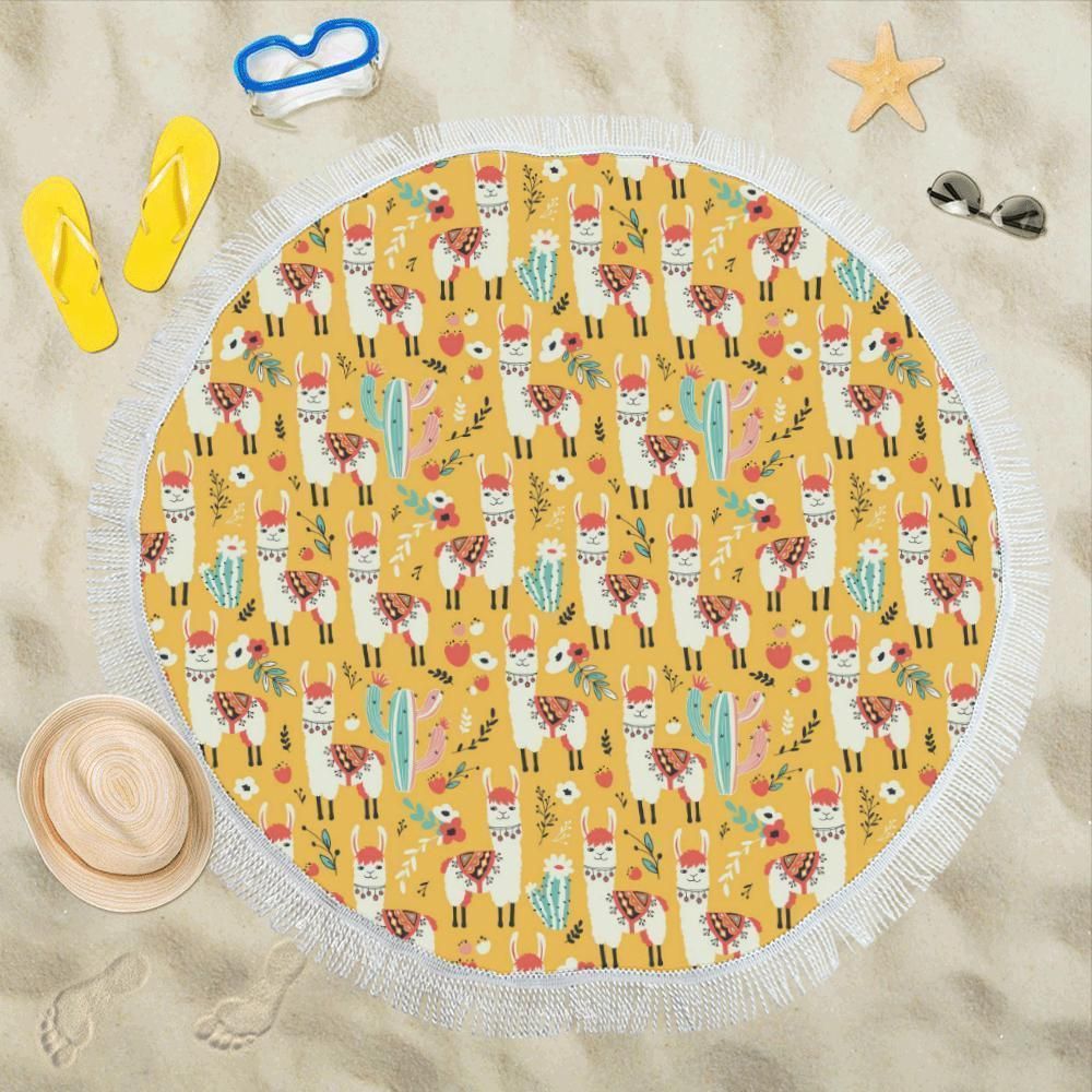 Llama Cute Themed Pattern Printed Round Beach Towel