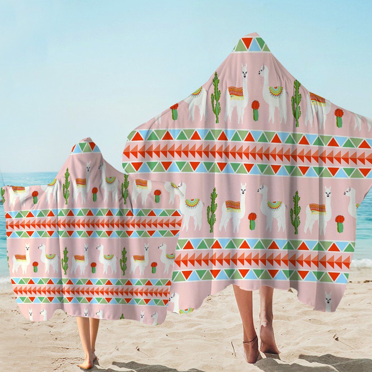 Llama Geometric Pink Printed Hooded Towel