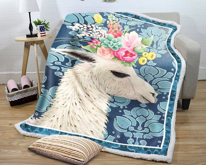 Llama Loves Flower Sherpa Fleece Blanket