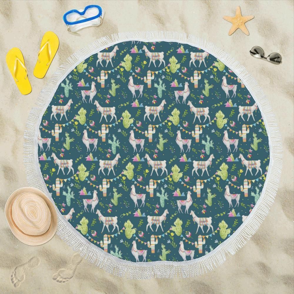 Llama With Cactus Design Print Round Beach Towel