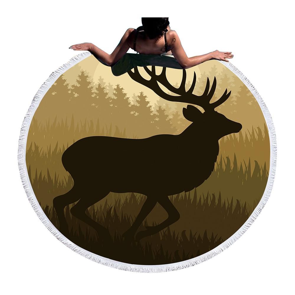 Lonely Deer In Forest Printed Round Beach Towel