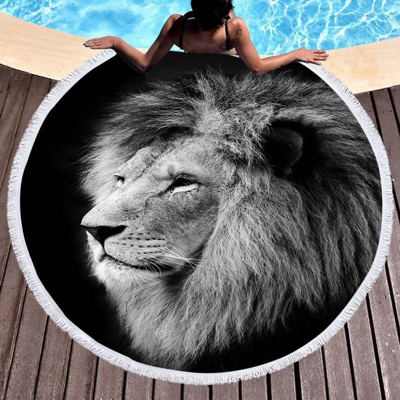 Lonely Lion Head Printed Round Beach Towel