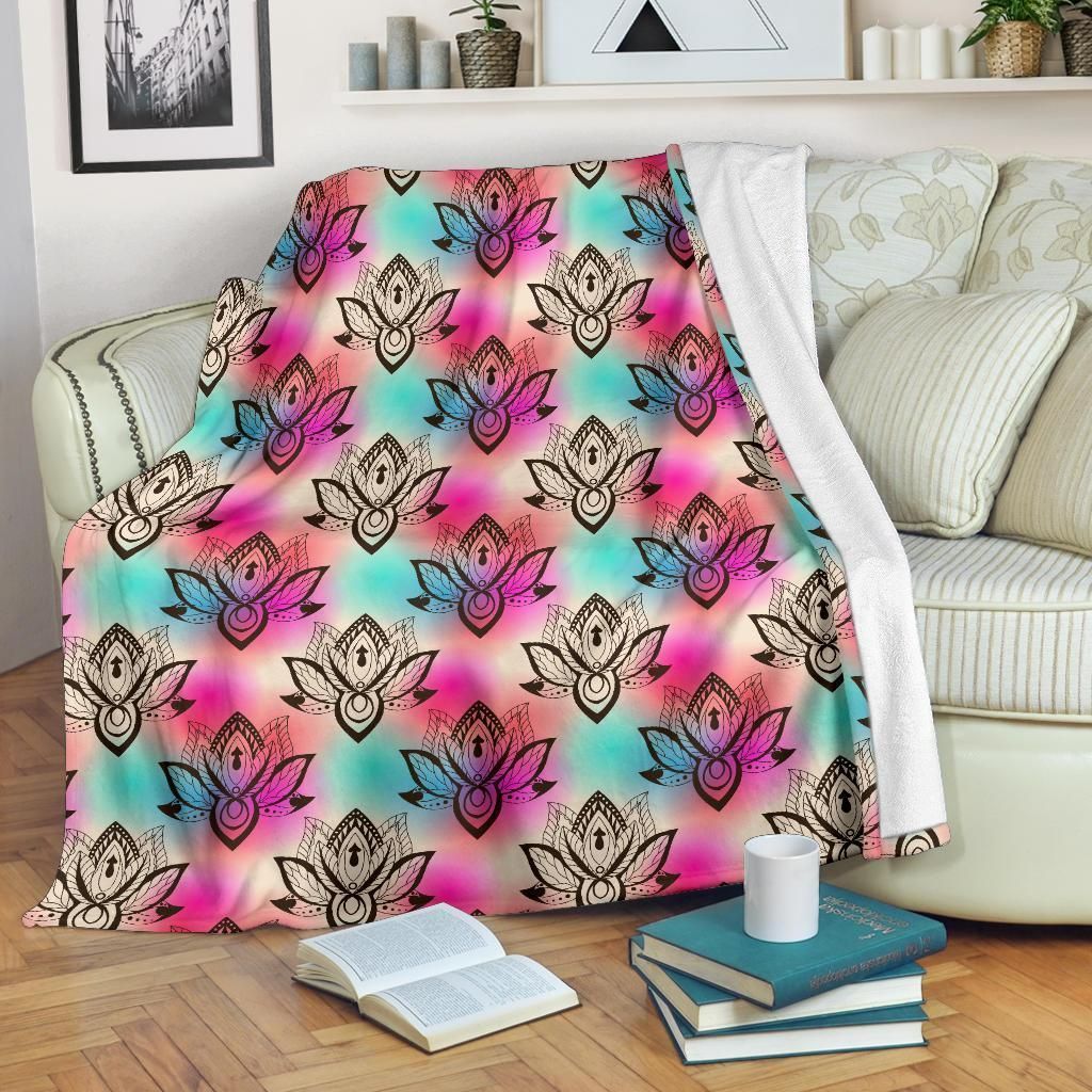 Lotus Boho Pattern Print Design Watercolor Fleece Blanket
