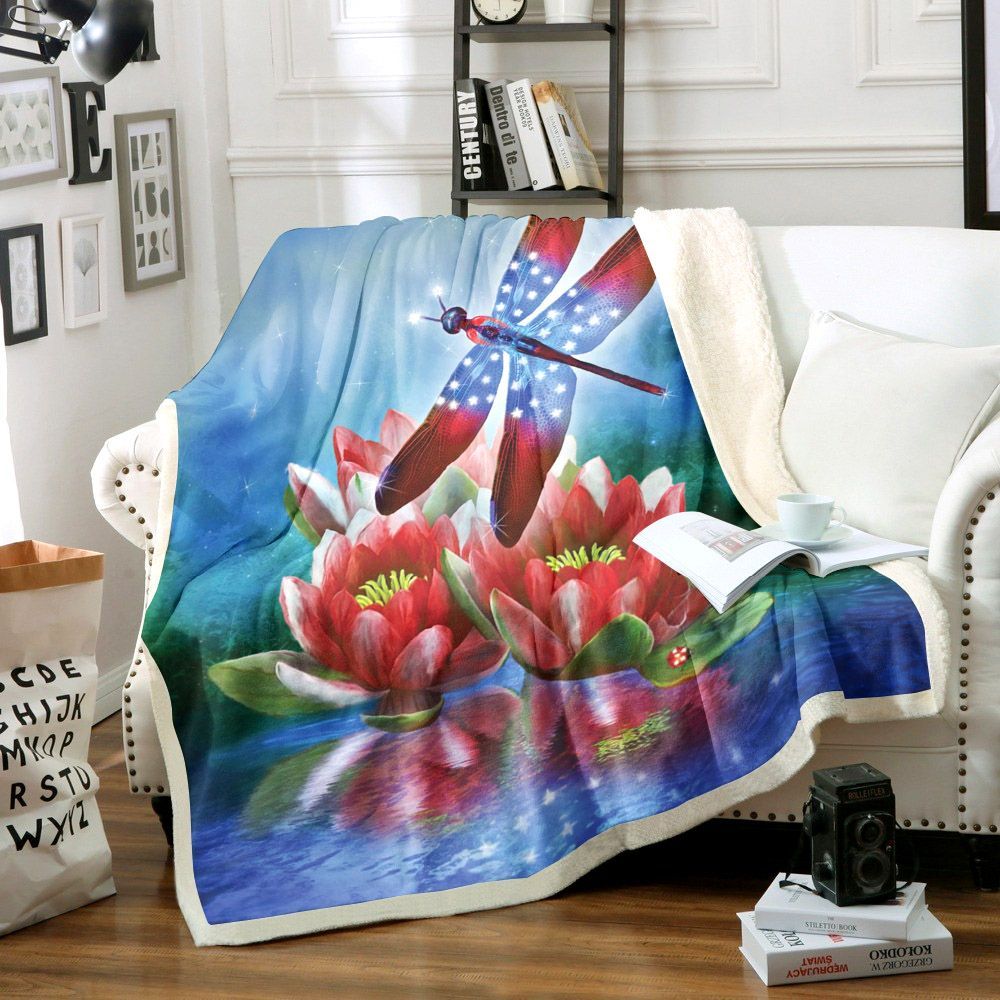 Lotus Dragonfly Sherpa Fleece Blanket