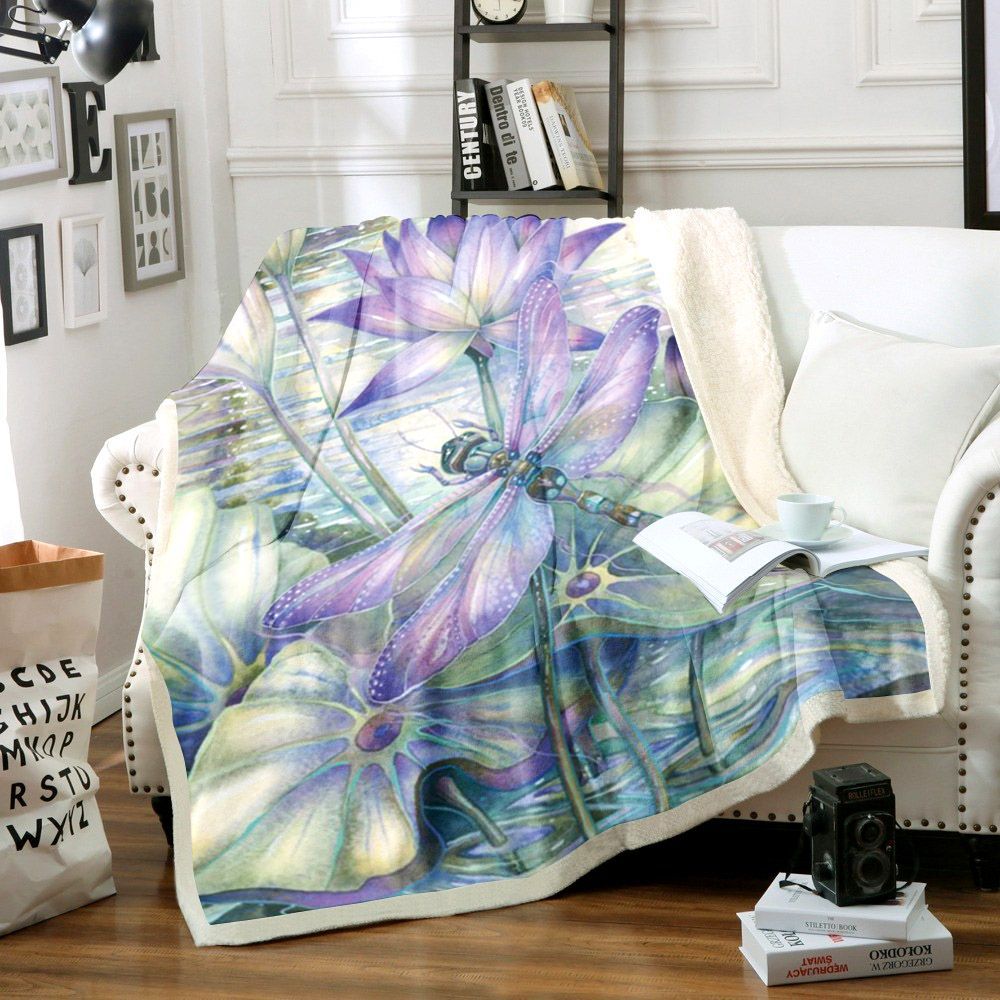 Lotus Dragonfly Sherpa Fleece Blanket