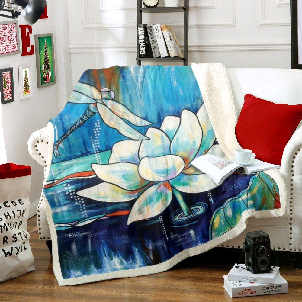 Lotus Dragonfly Sherpa Fleece Blanket