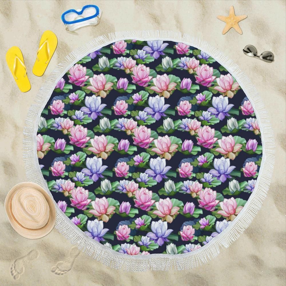 Lotus Flower Design Printed Round Beach Towel