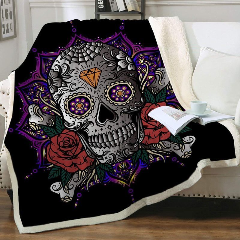 Lotus Flower Skull Sherpa Fleece Blanket