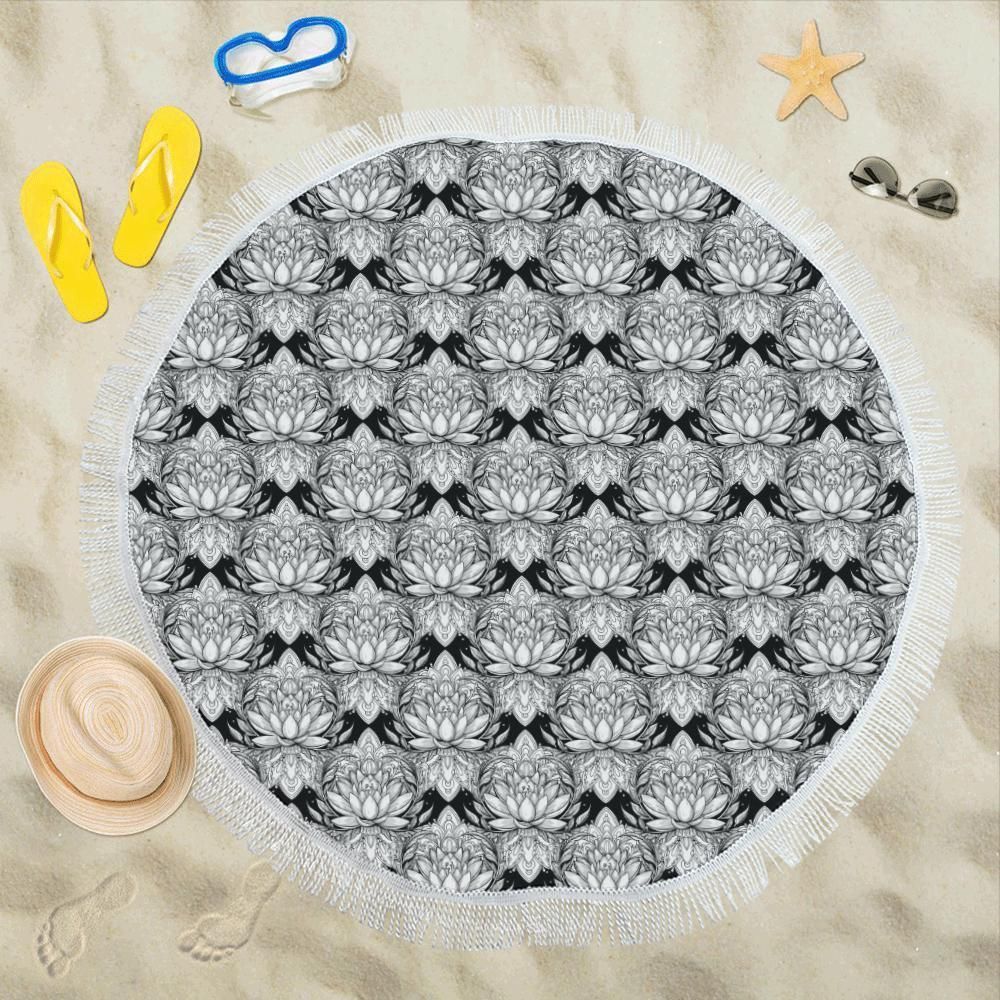 Lotus Mandala Print Pattern Round Beach Towel