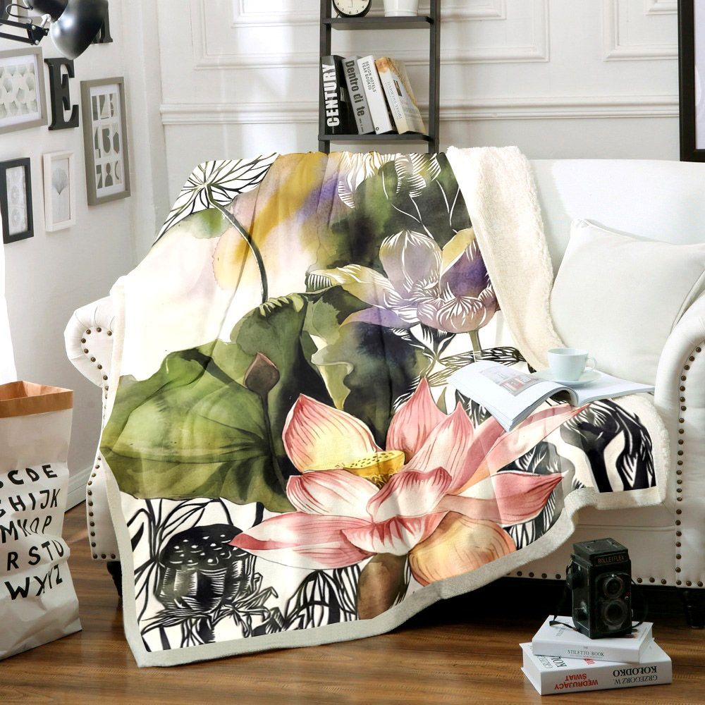 Lotus With Dragonfly Sherpa Fleece Blanket