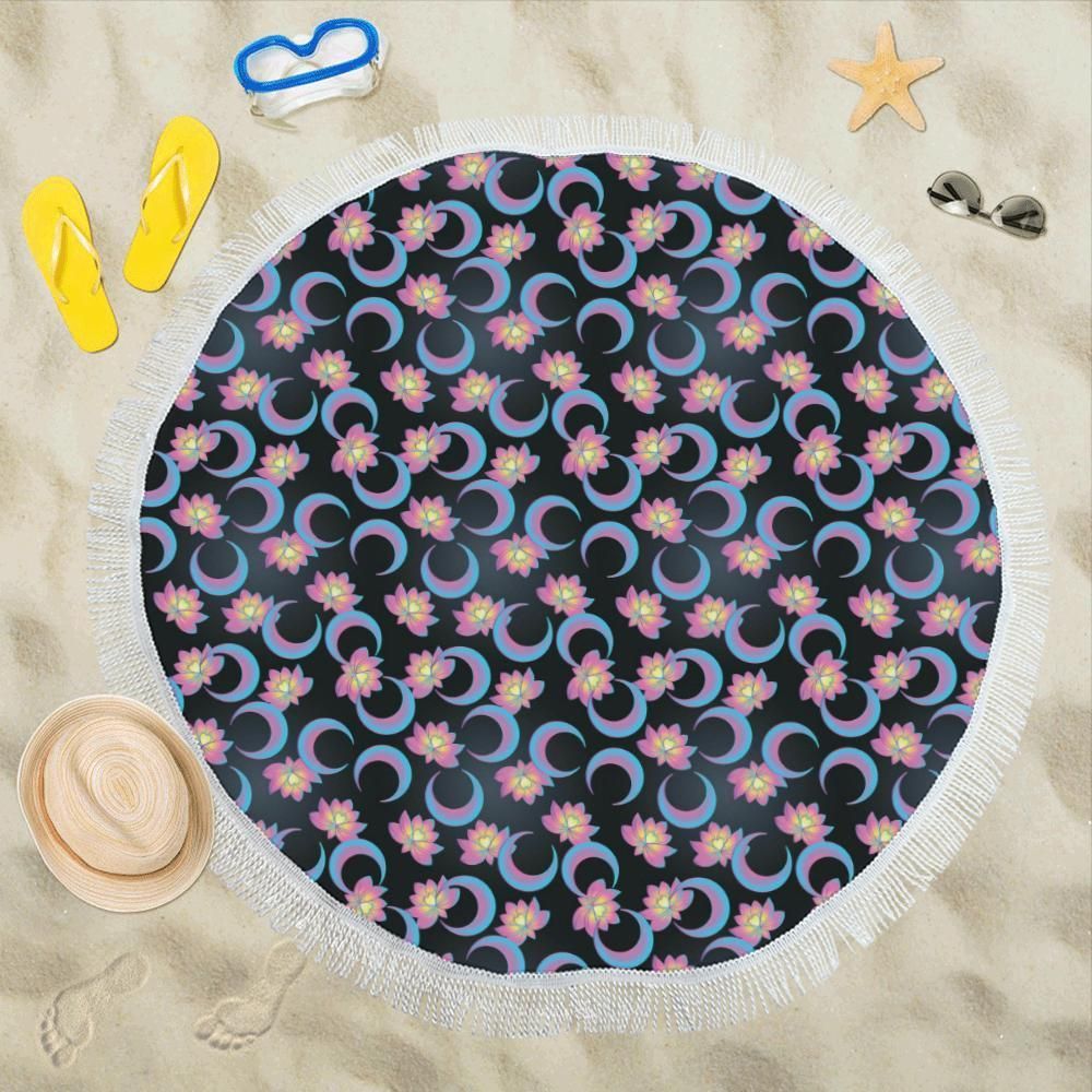 Lotus With Moon Pink Print Themed Round Beach Towel