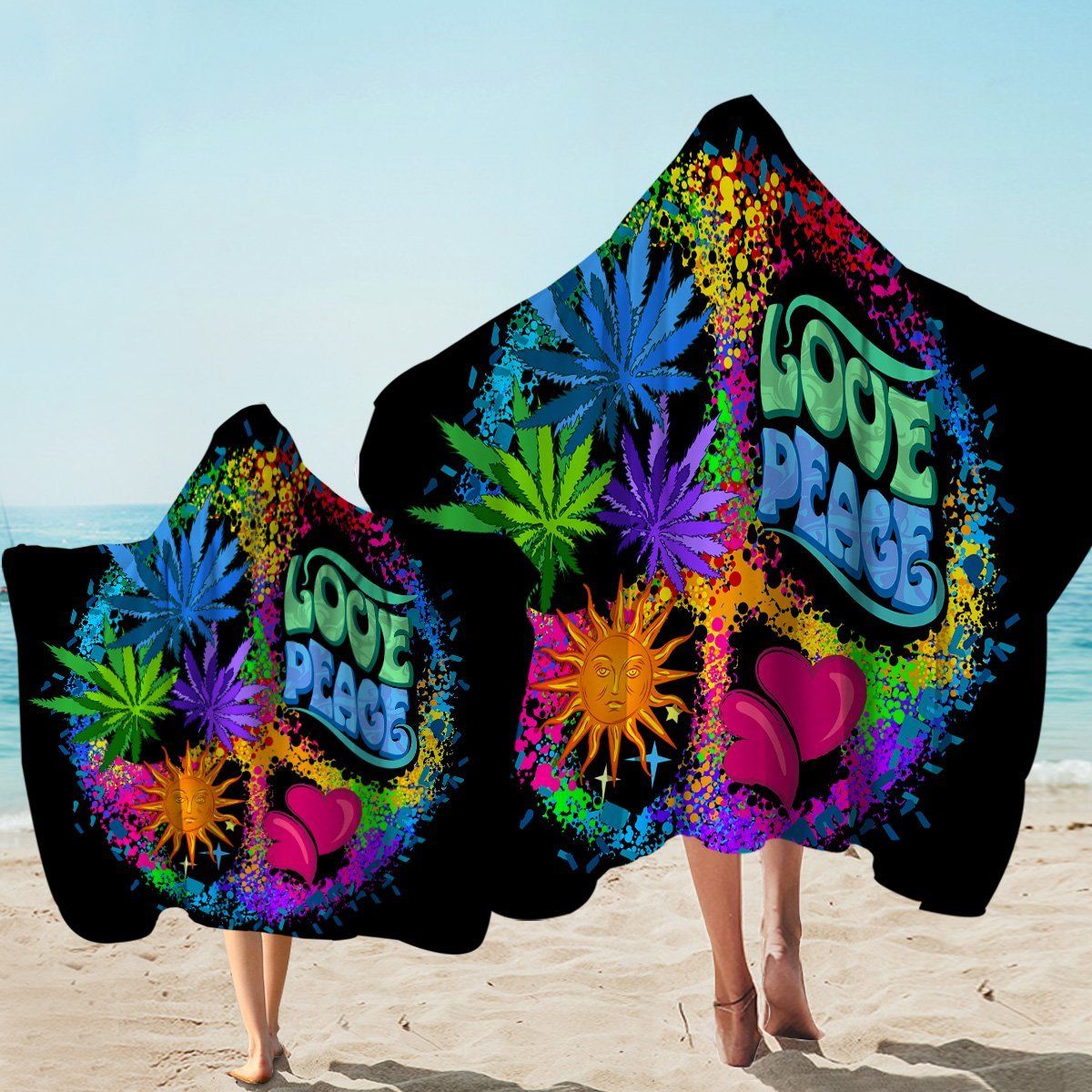 Love And Peace Weed On Black Printed Hooded Towel