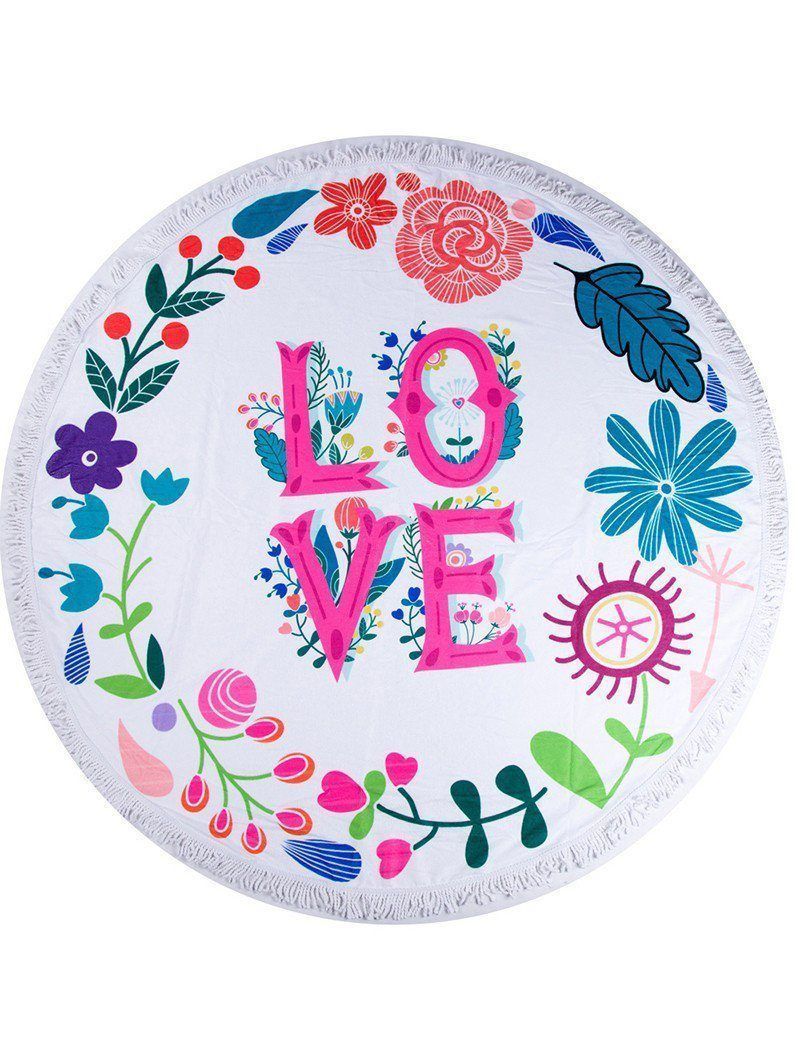 Love Floral Art Background Printed Round Beach Towel
