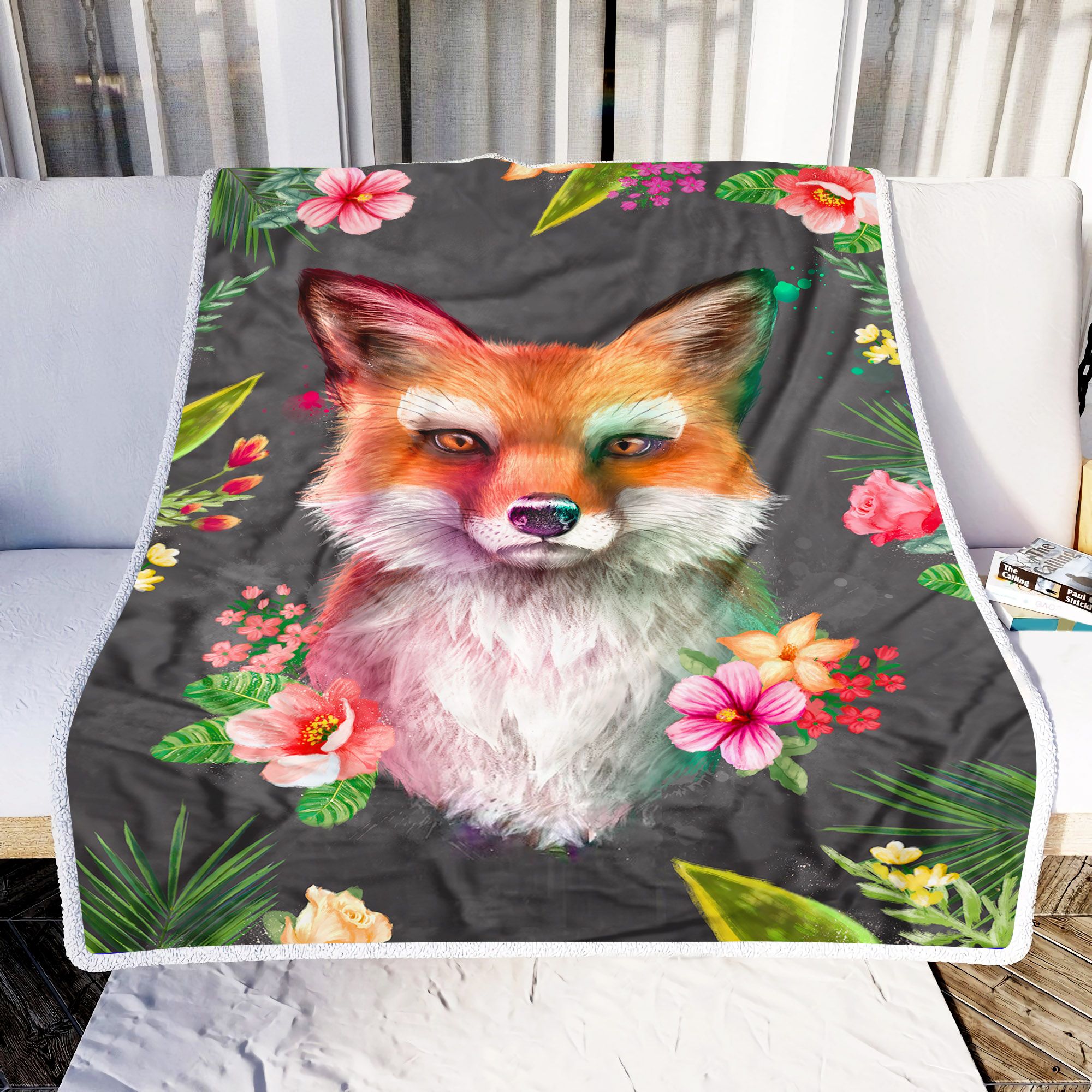 Love Fox And Flowers Fleece Blanket