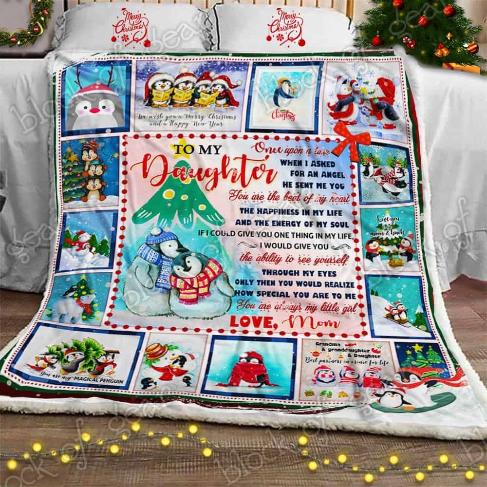 Love My Dear Christmas Penguin Daughter Mom Fleece Blanket